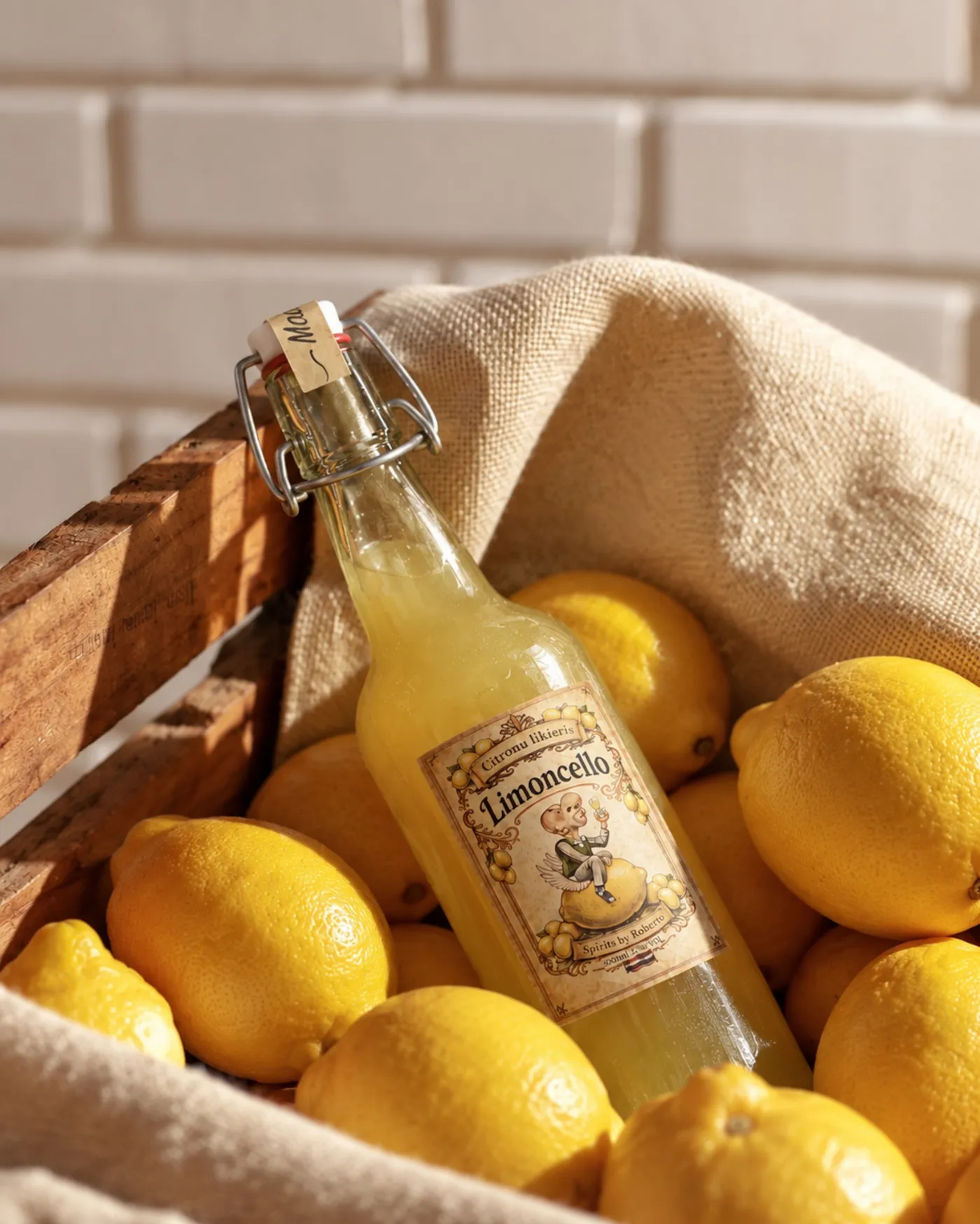 Limoncello pudele grozā ar citroniem