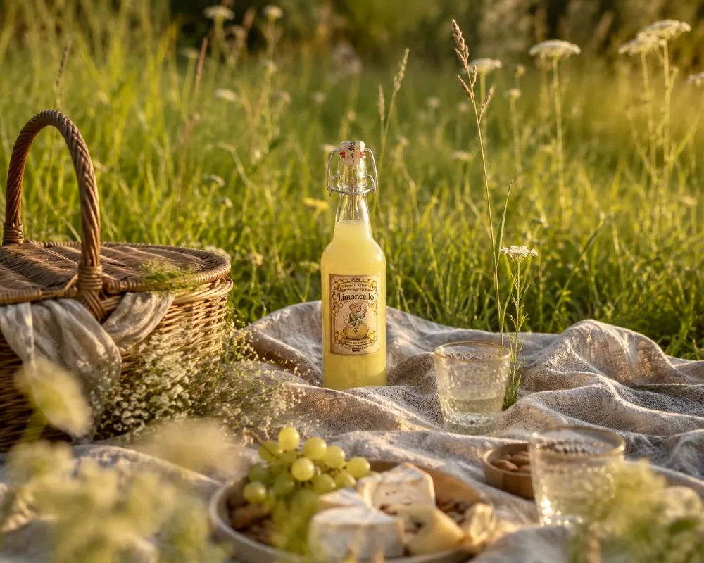 Pikniks zālē ar Limoncello pudeli